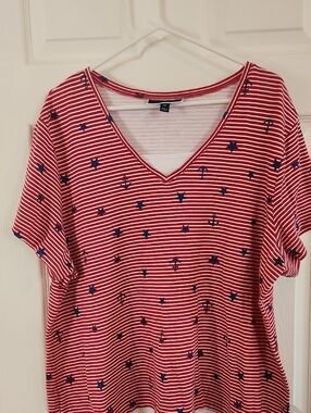 Karen Scott Red & White Striped V-Neck Top with Navy Star and Anchor Motif